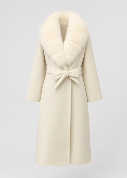 Wool Wrap Coat | Women | Faux Fox Fur Collar | Tie Belt | Ivory Winter Coat | Nova Muse
