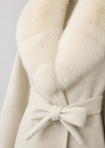 Wool Wrap Coat | Women | Faux Fox Fur Collar | Tie Belt | Ivory Winter Coat | Nova Muse