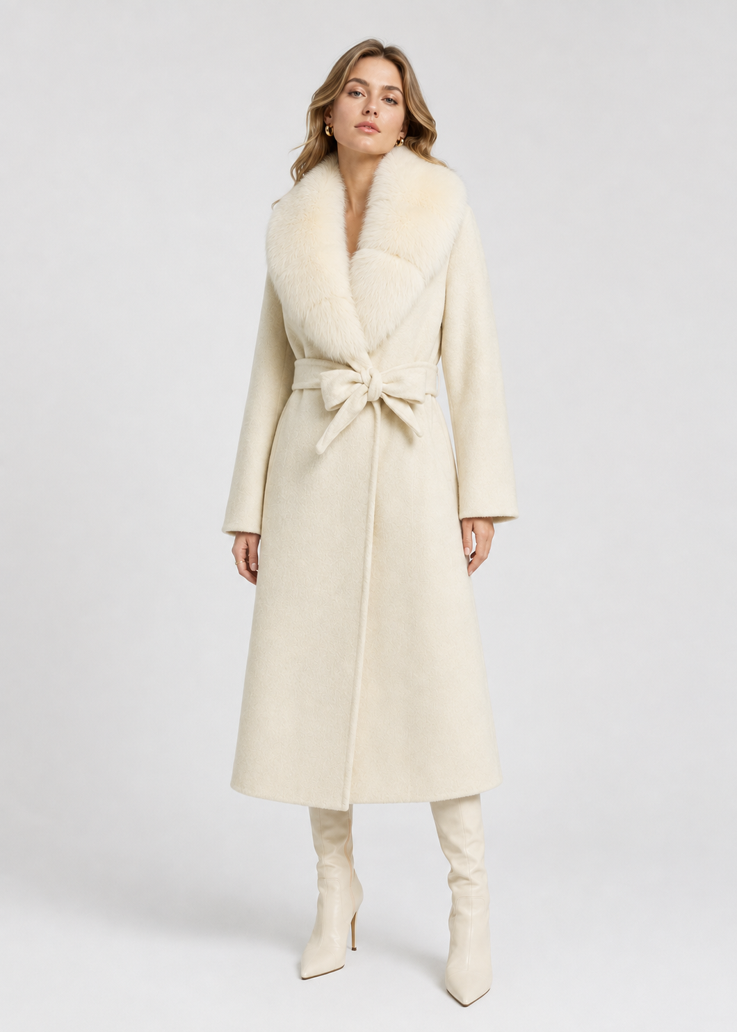 Wool Wrap Coat | Women | Faux Fox Fur Collar | Tie Belt | Ivory Winter Coat | Nova Muse