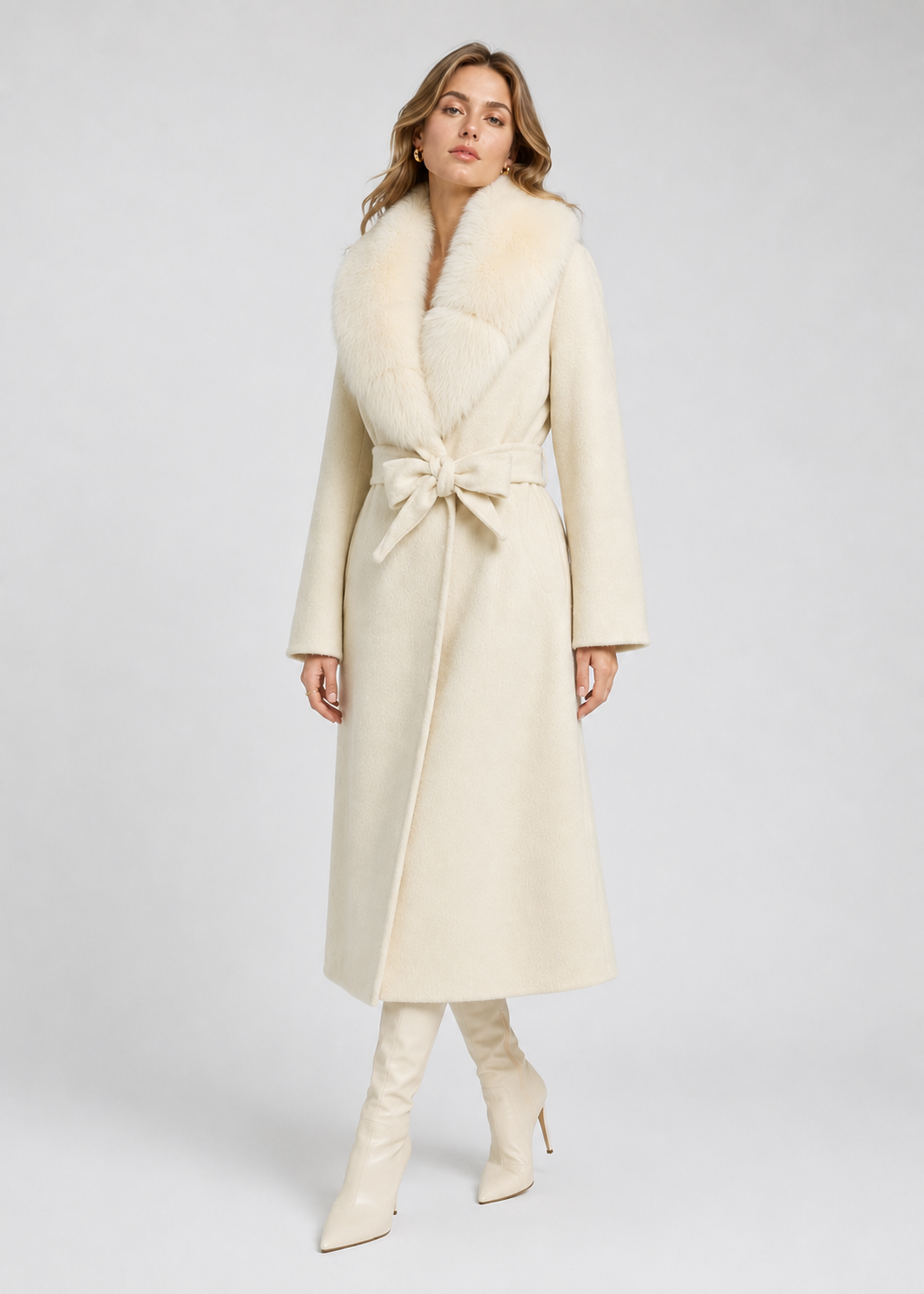 Wool Wrap Coat | Women | Faux Fox Fur Collar | Tie Belt | Ivory Winter Coat | Nova Muse