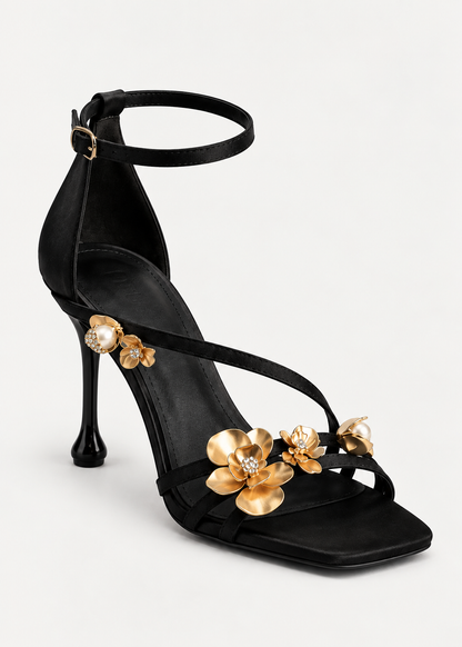 Women’s High Heels | Black Pointed Toe Pumps | Gold Flower Detail Evening Shoes | Nova Muse