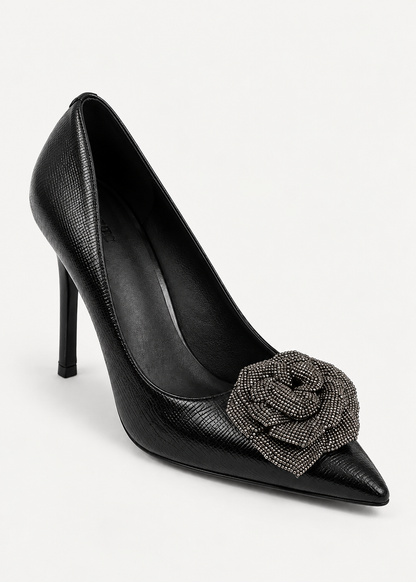 Women’s Pointed Toe Pumps | Black Rose Detail Embellished High Heels | Dress Shoes | Nova Muse