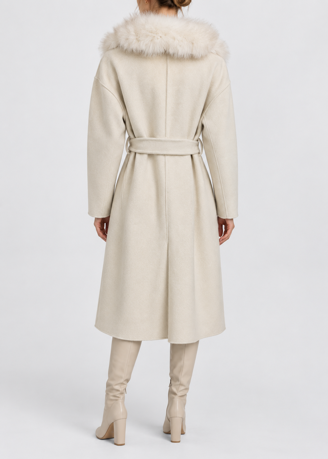 Wool Wrap Coat | Women | Faux Fox Fur Collar | Tie Belt | Ivory Winter Coat | Nova Muse