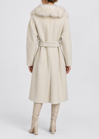 Wool Wrap Coat | Women | Faux Fox Fur Collar | Tie Belt | Ivory Winter Coat | Nova Muse