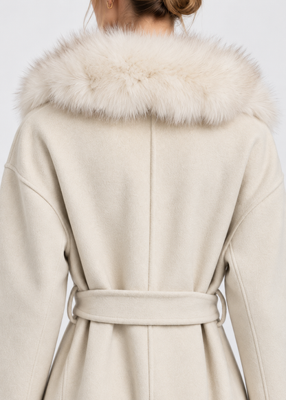 Wool Wrap Coat | Women | Faux Fox Fur Collar | Tie Belt | Ivory Winter Coat | Nova Muse