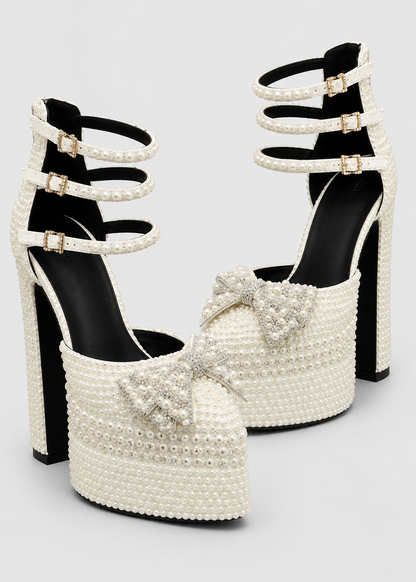 Women’s Pearl Platform Pumps | White Chunky Heel Elegant Dress Shoes | Nova Muse
