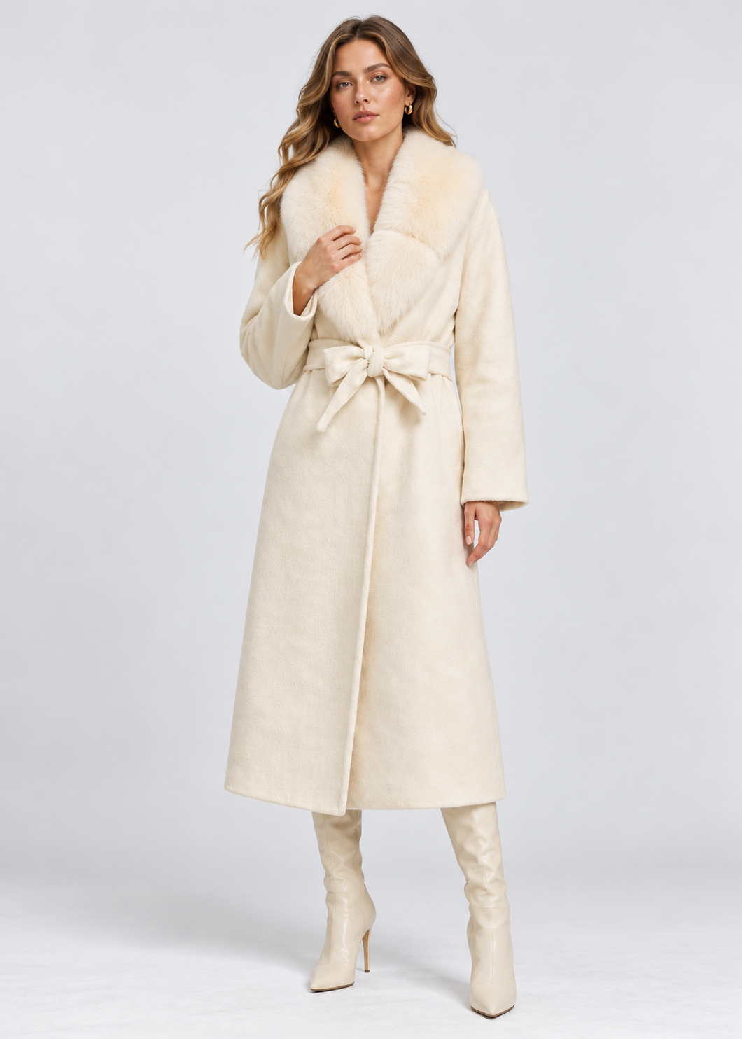 Wool Wrap Coat | Women | Faux Fox Fur Collar | Tie Belt | Ivory Winter Coat | Nova Muse