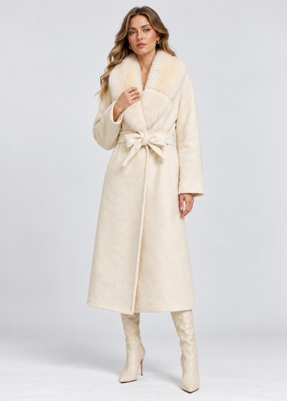 Wool Wrap Coat | Women | Faux Fox Fur Collar | Tie Belt | Ivory Winter Coat | Nova Muse