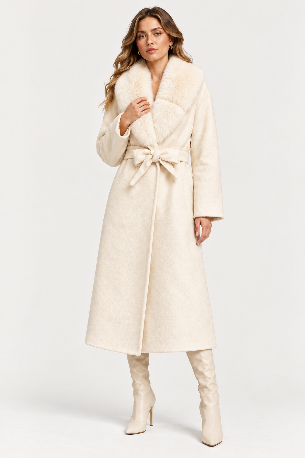 Wool Wrap Coat | Women | Faux Fox Fur Collar | Tie Belt | Ivory Winter Coat | Nova Muse