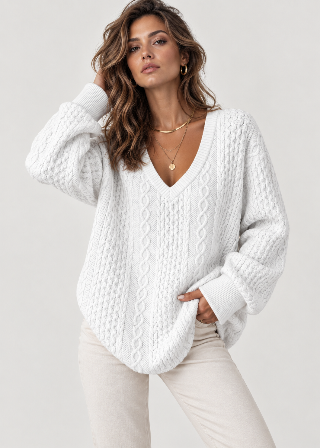 Cable Knit Sweater | Womens V Neck Pullover | Long Sleeve Winter Knitwear | Casual Style | Nova Muse