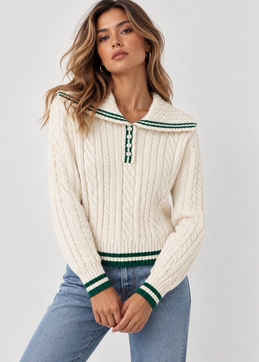 Cable Knit Sweater | Womens Shawl Collar Knit | Stripe Trim Long Sleeve Winterwear | Nova Muse