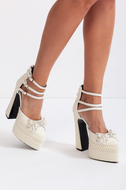 Women’s Pearl Platform Pumps | White Chunky Heel Elegant Dress Shoes | Nova Muse