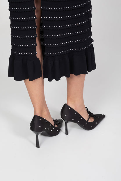 Women's Pointed Toe Pumps | Crystal Stud Bow Black Elegant Dress Heels | Nova Muse