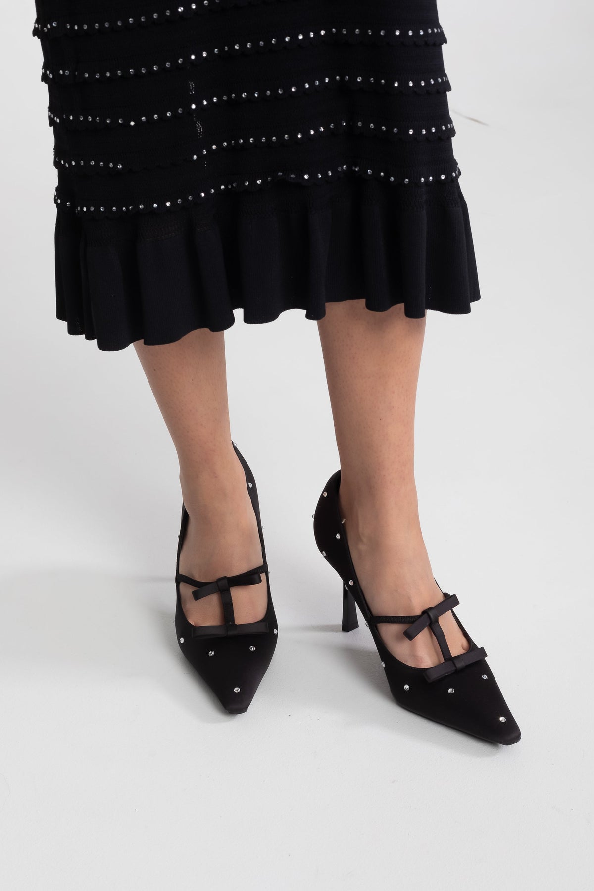 Women's Pointed Toe Pumps | Crystal Stud Bow Black Elegant Dress Heels | Nova Muse