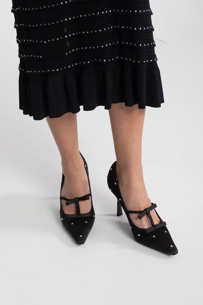 Women's Pointed Toe Pumps | Crystal Stud Bow Black Elegant Dress Heels | Nova Muse