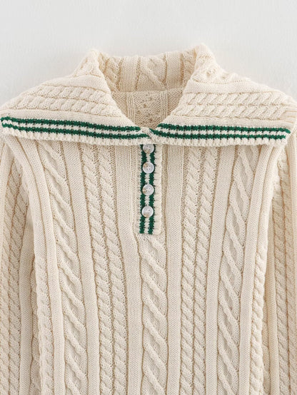Cable Knit Sweater | Womens Shawl Collar Knit | Stripe Trim Long Sleeve Winterwear | Nova Muse