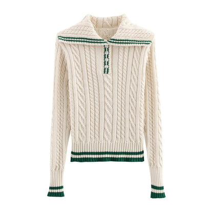 Cable Knit Sweater | Womens Shawl Collar Knit | Stripe Trim Long Sleeve Winterwear | Nova Muse