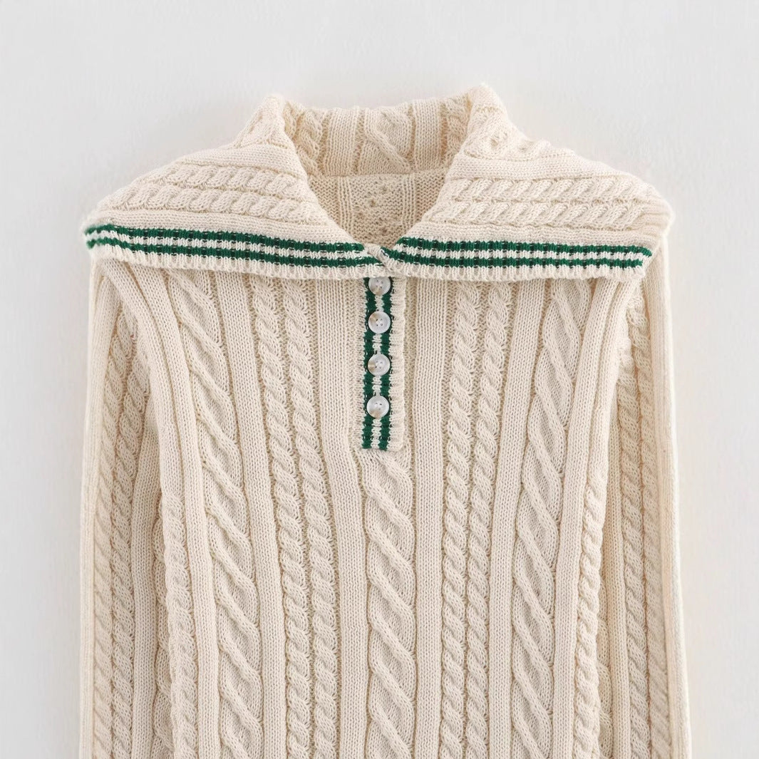 Cable Knit Sweater | Womens Shawl Collar Knit | Stripe Trim Long Sleeve Winterwear | Nova Muse