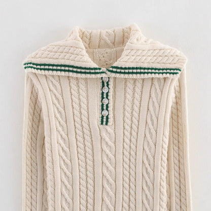 Cable Knit Sweater | Womens Shawl Collar Knit | Stripe Trim Long Sleeve Winterwear | Nova Muse