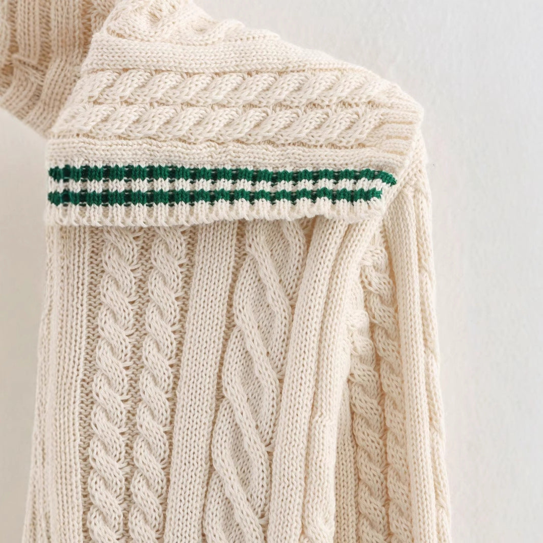 Cable Knit Sweater | Womens Shawl Collar Knit | Stripe Trim Long Sleeve Winterwear | Nova Muse