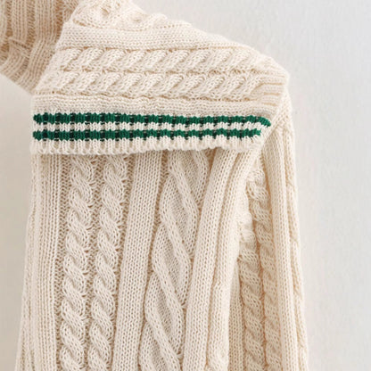 Cable Knit Sweater | Womens Shawl Collar Knit | Stripe Trim Long Sleeve Winterwear | Nova Muse