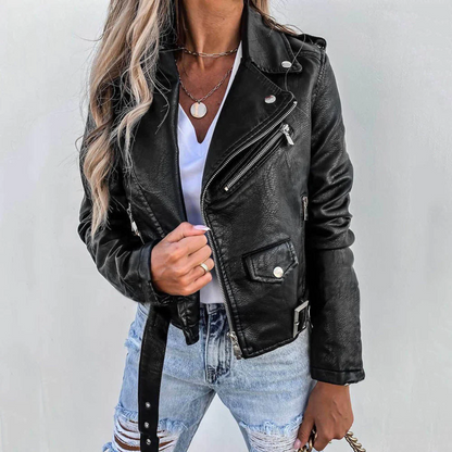 Women’s Leather Biker Jacket | Zip Front Padded Design | Casual Motorcycle Style | Nova Muse
