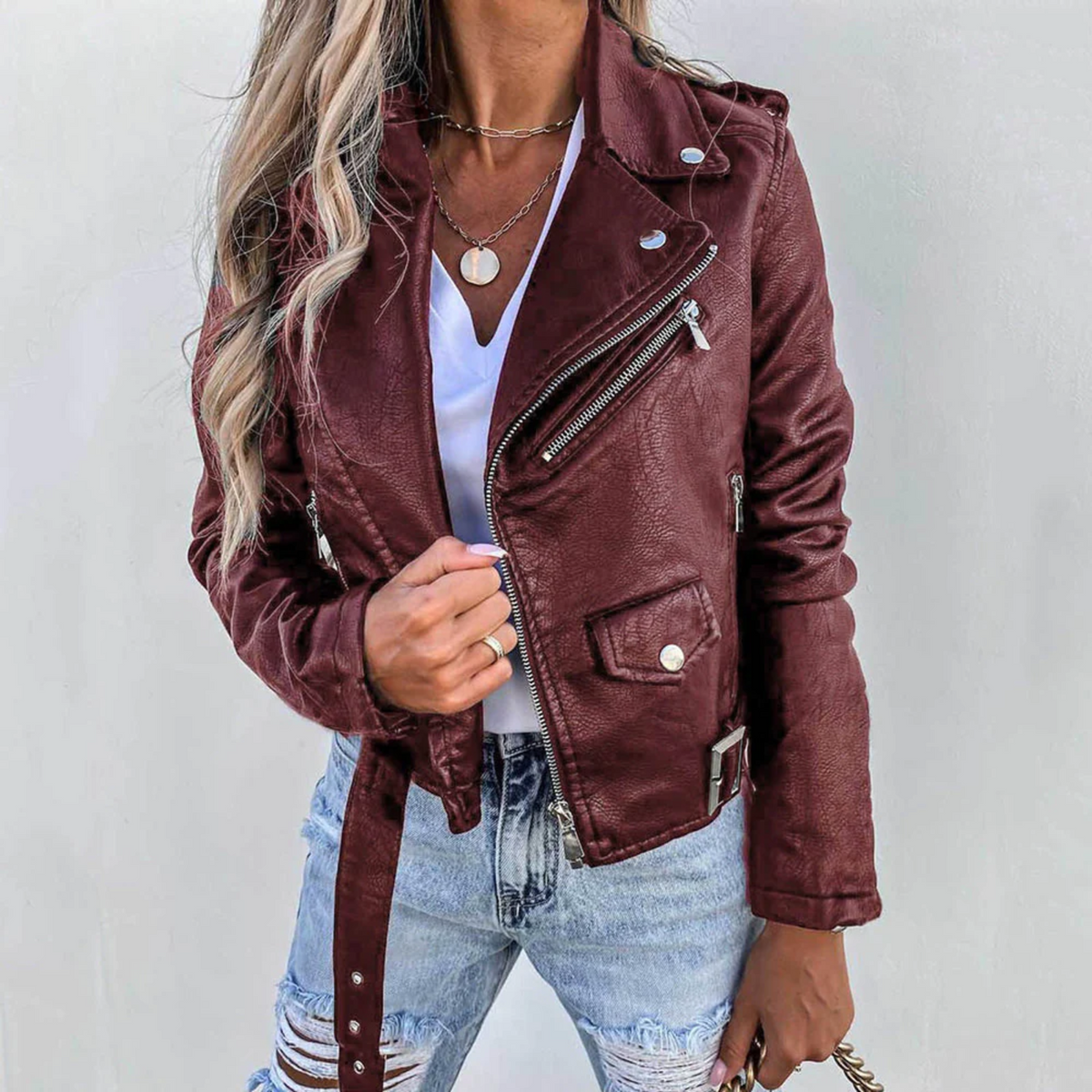 Women’s Leather Biker Jacket | Zip Front Padded Design | Casual Motorcycle Style | Nova Muse
