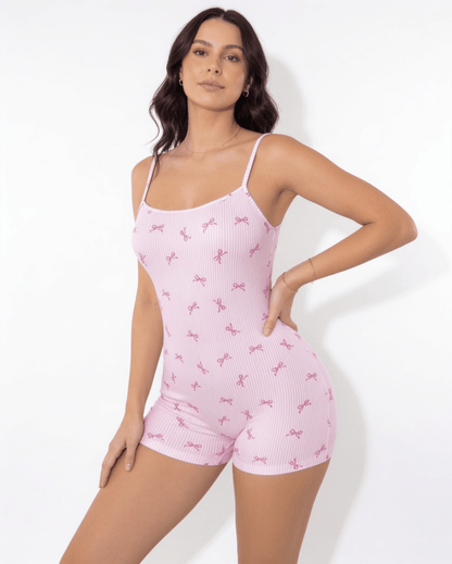 Bow Print Ribbed Sleep Romper | Women | Soft Ribbed Fabric | Bow Detail | Nightwear | Nova Muse