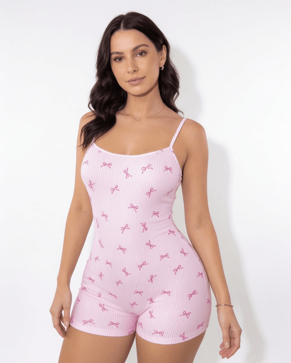 Bow Print Ribbed Sleep Romper | Women | Soft Ribbed Fabric | Bow Detail | Nightwear | Nova Muse