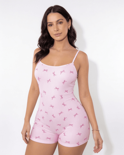 Bow Print Ribbed Sleep Romper | Women | Soft Ribbed Fabric | Bow Detail | Nightwear | Nova Muse
