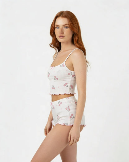 Cherry Print Cami Pyjama Set | Women | Ribbed Fabric | Cami & Shorts Sleepwear | Nova Muse