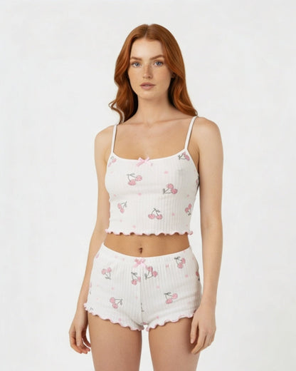 Cherry Print Cami Pyjama Set | Women | Ribbed Fabric | Cami & Shorts Sleepwear | Nova Muse
