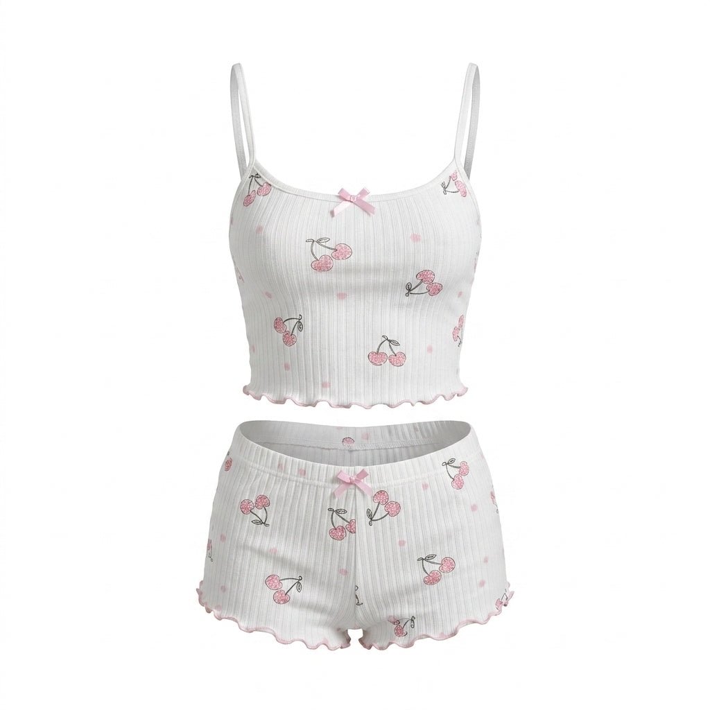 Cherry Print Cami Pyjama Set | Women | Ribbed Fabric | Cami & Shorts Sleepwear | Nova Muse