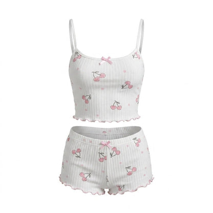 Cherry Print Cami Pyjama Set | Women | Ribbed Fabric | Cami & Shorts Sleepwear | Nova Muse