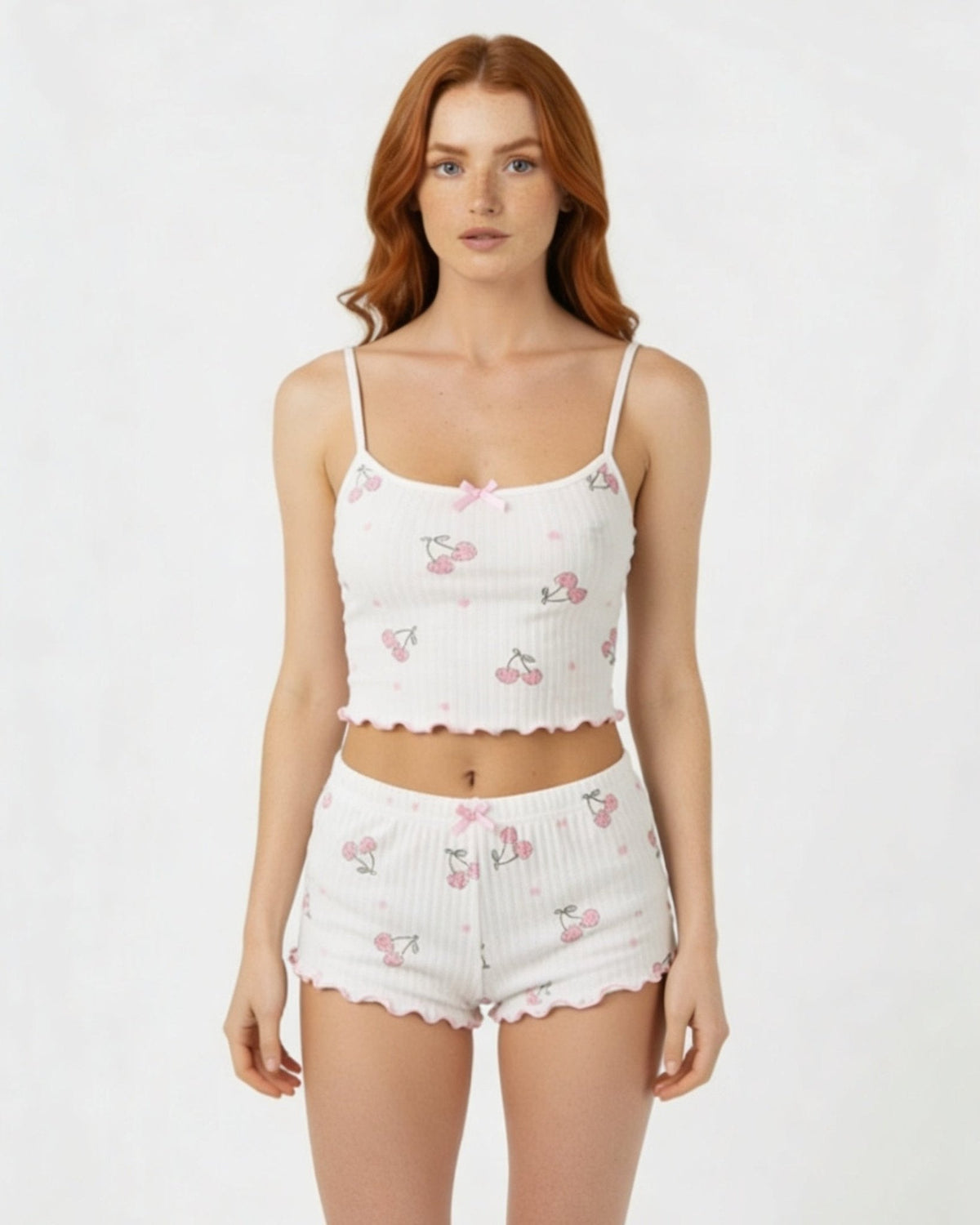 Cherry Print Cami Pyjama Set | Women | Ribbed Fabric | Cami & Shorts Sleepwear | Nova Muse