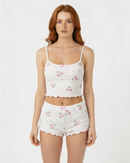 Cherry Print Cami Pyjama Set | Women | Ribbed Fabric | Cami & Shorts Sleepwear | Nova Muse