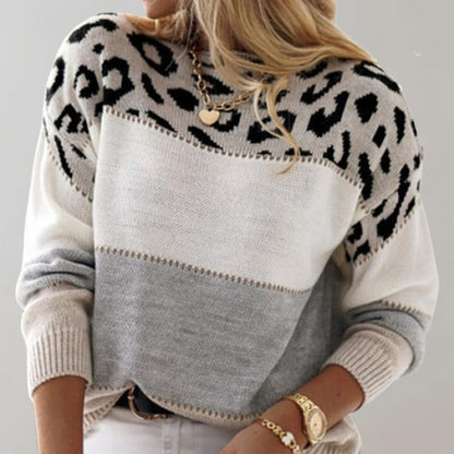 Leopard Print Sweater | Womens Colourblock Knit | Crew Neck Long Sleeve Winterwear | Nova Muse