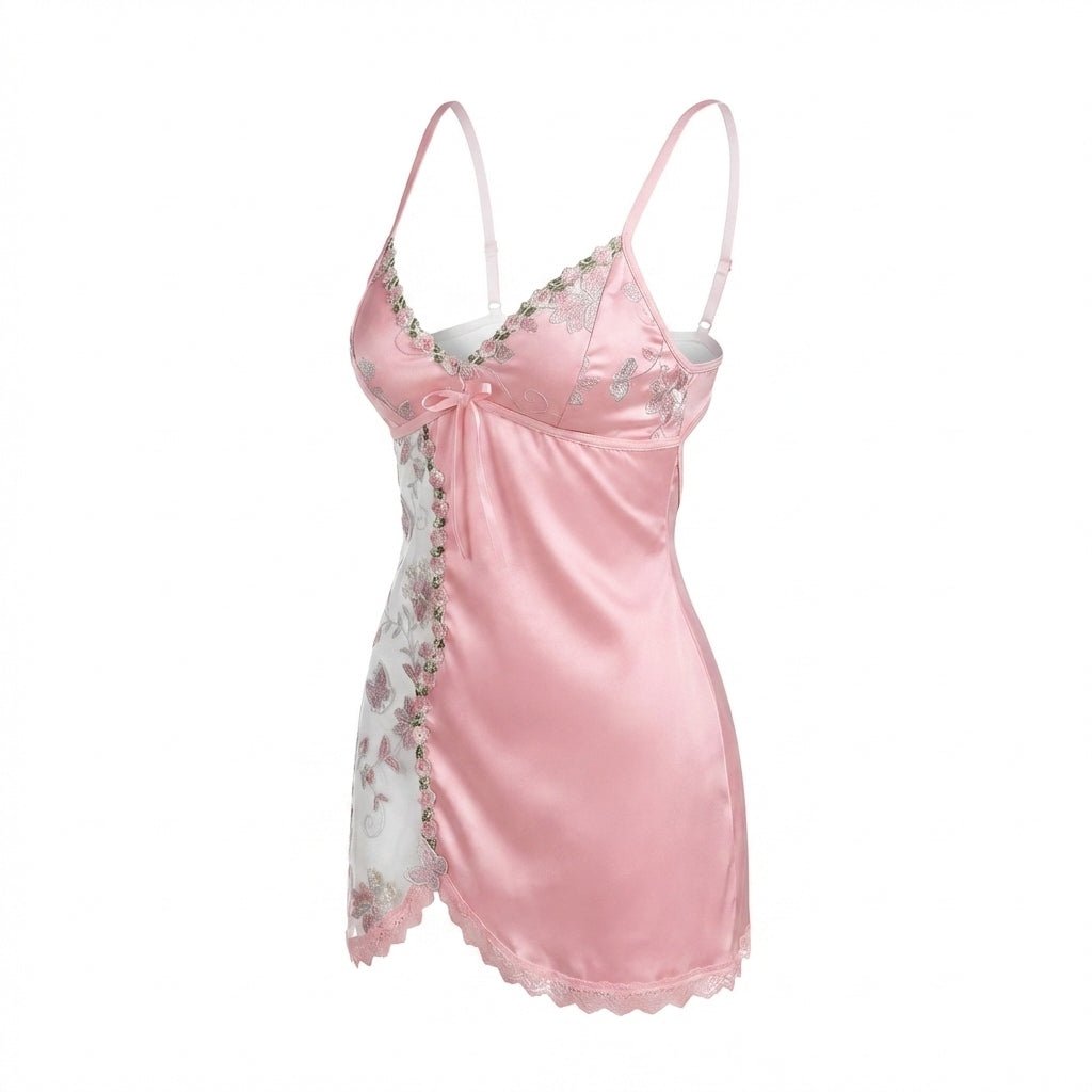Floral Embroidered Mesh Satin Chemise | Lace Trim Lingerie Nightdress | Nova Muse