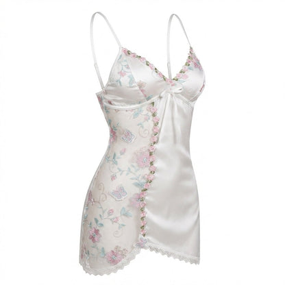 Floral Embroidered Mesh Satin Chemise | Lace Trim Lingerie Nightdress | Nova Muse