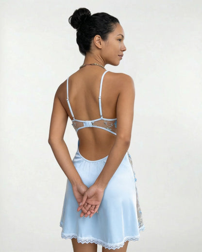 Floral Embroidered Mesh Satin Chemise | Lace Trim Lingerie Nightdress | Nova Muse