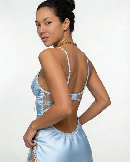 Floral Embroidered Mesh Satin Chemise | Lace Trim Lingerie Nightdress | Nova Muse