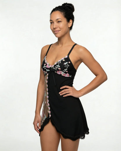 Floral Embroidered Mesh Satin Chemise | Lace Trim Lingerie Nightdress | Nova Muse