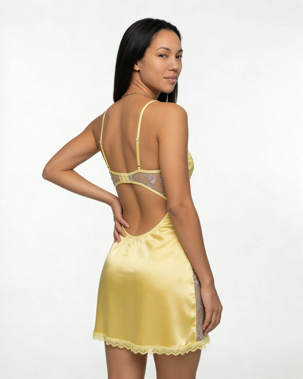 Floral Embroidered Mesh Satin Chemise | Lace Trim Lingerie Nightdress | Nova Muse