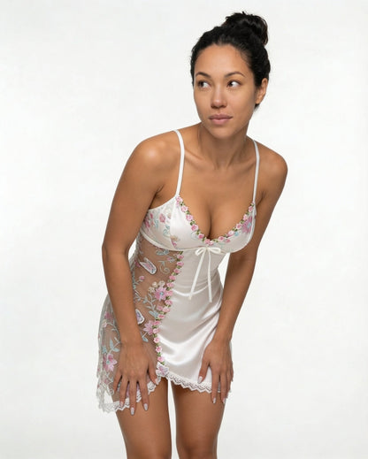 Floral Embroidered Mesh Satin Chemise | Lace Trim Lingerie Nightdress | Nova Muse