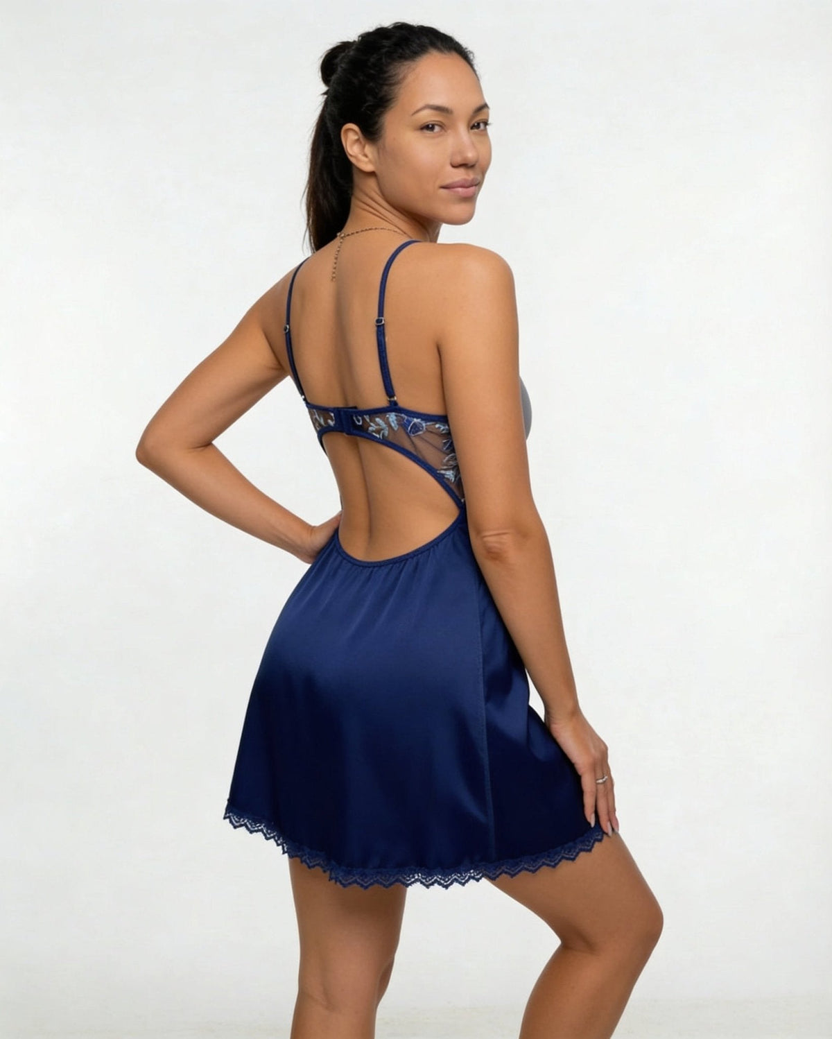 Floral Embroidered Mesh Satin Chemise | Lace Trim Lingerie Nightdress | Nova Muse
