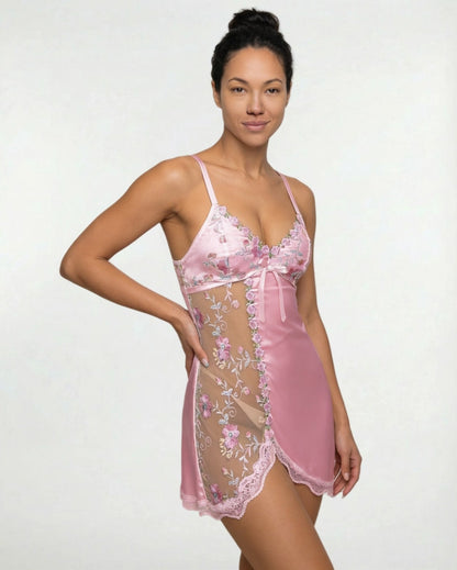 Floral Embroidered Mesh Satin Chemise | Lace Trim Lingerie Nightdress | Nova Muse
