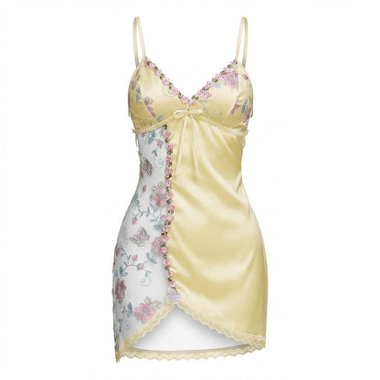 Floral Embroidered Mesh Satin Chemise | Lace Trim Lingerie Nightdress | Nova Muse