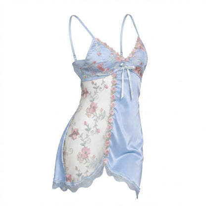 Floral Embroidered Mesh Satin Chemise | Lace Trim Lingerie Nightdress | Nova Muse