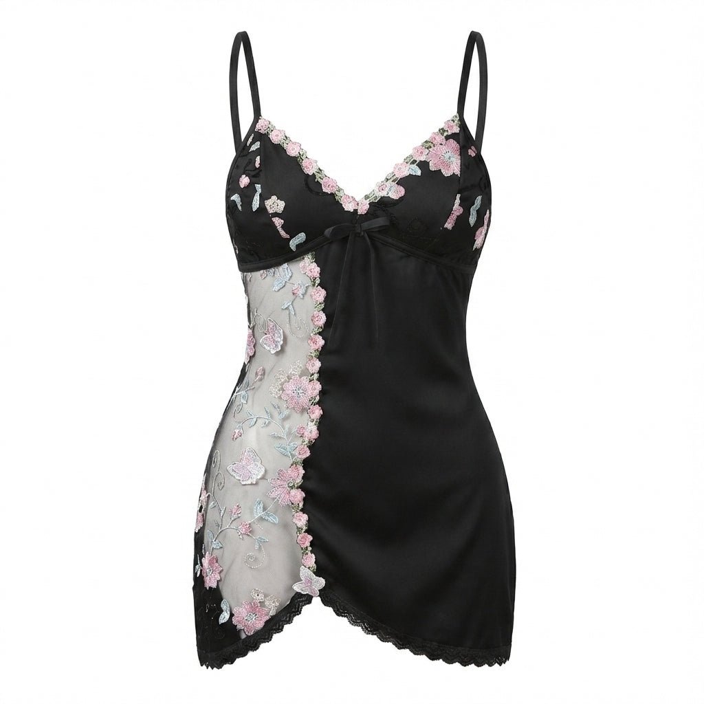 Floral Embroidered Mesh Satin Chemise | Lace Trim Lingerie Nightdress | Nova Muse