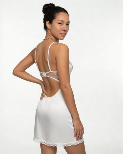 Floral Embroidered Mesh Satin Chemise | Lace Trim Lingerie Nightdress | Nova Muse